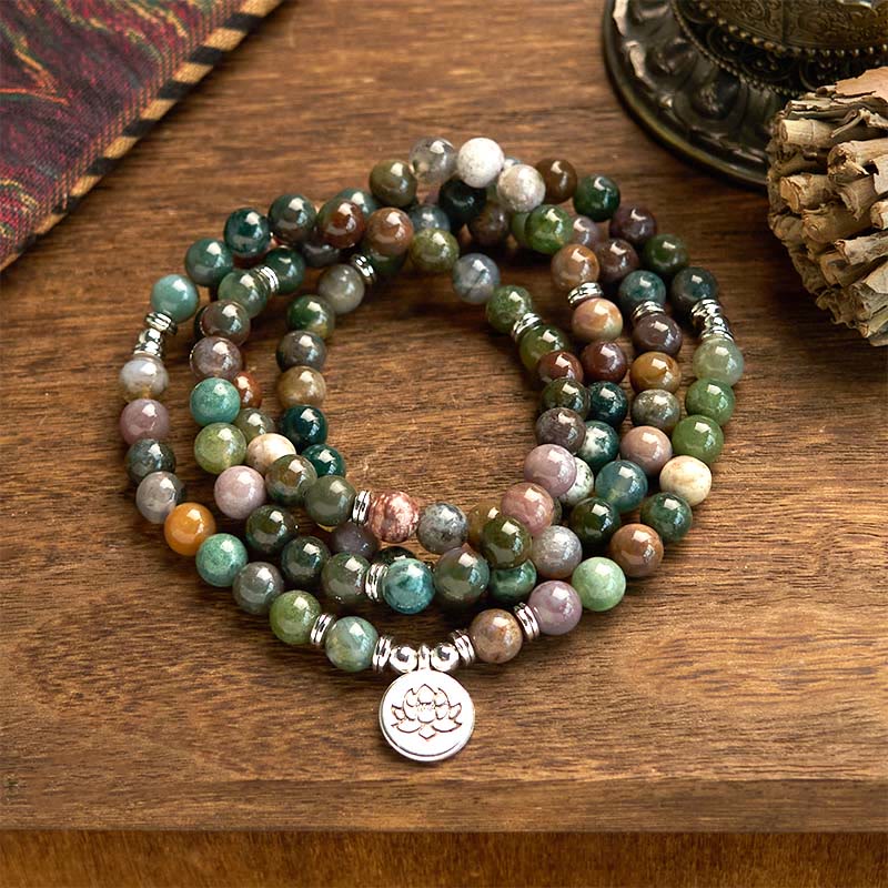 Buddha Stones 108 Mala Beads Natural Stone Indian Agate Lotus Calm Bracelet - Indian Agate(Wrist Circumference: 14-16cm) - image 0