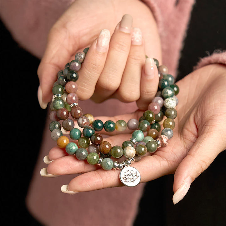 Buddha Stones 108 Mala Beads Natural Stone Indian Agate Lotus Calm Bracelet - image 4