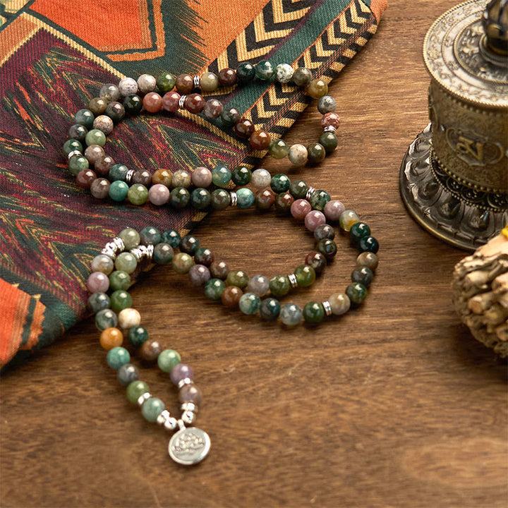 Buddha Stones 108 Mala Beads Natural Stone Indian Agate Lotus Calm Bracelet - image 2