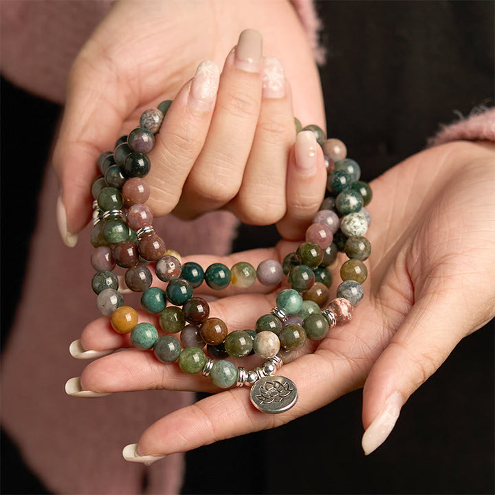 Buddha Stones 108 Mala Beads Natural Stone Indian Agate Lotus Calm Bracelet - image 7