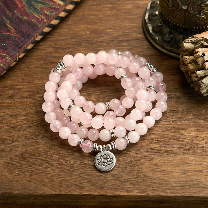 Buddha Stones 108 Mala Beads Natural Stone Rose Quartz Lotus Peace Bracelet - Rose Quartz(Wrist Circumference: 14-16cm) - image 0