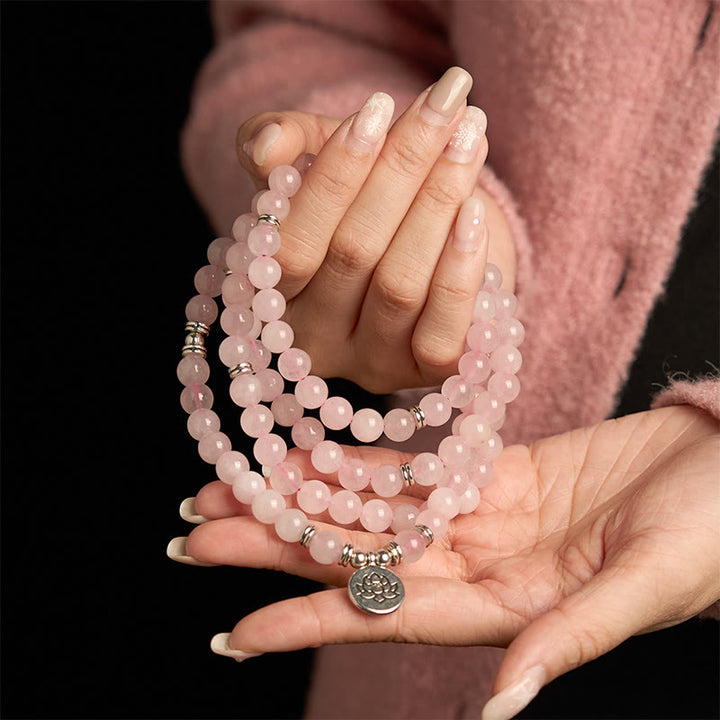 Buddha Stones 108 Mala Beads Natural Stone Rose Quartz Lotus Peace Bracelet - image 3