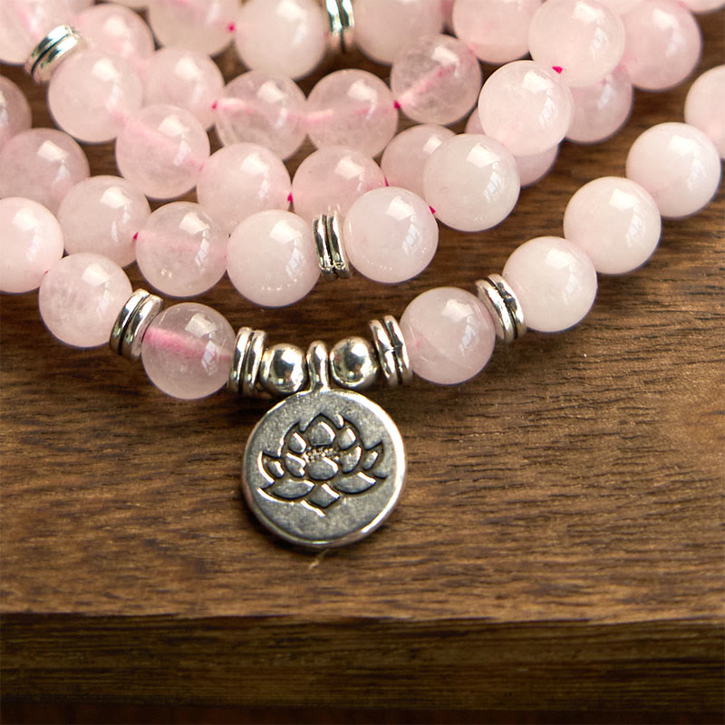 Buddha Stones 108 Mala Beads Natural Stone Rose Quartz Lotus Peace Bracelet - image 6