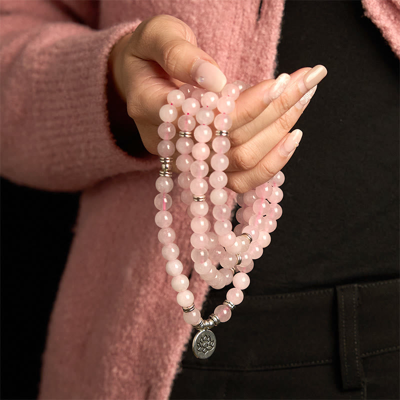 Buddha Stones 108 Mala Beads Natural Stone Rose Quartz Lotus Peace Bracelet - image 2