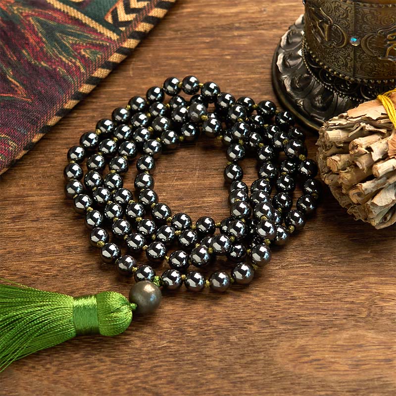 Buddha Stones 108 Mala Beads Natural Stone Hematite Tassel Powerful Bracelet - Hematite(Wrist Circumference: 14-16cm) - image 0