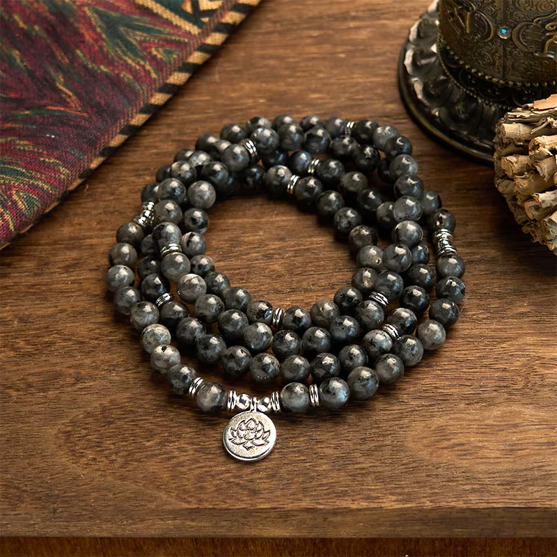 Buddha Stones 108 Mala Beads Multi-layer Natural Black Glitter Stone Lotus Positivity Bracelet - Black Glitter Stone(Wrist Circumference: 14-16cm) - image 0