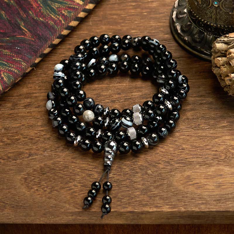 Buddha Stones 108 Mala Beads Natural Stone Black Onyx Protection Bracelet - Black Onyx (Wrist Circumference: 14-16cm) - image 0