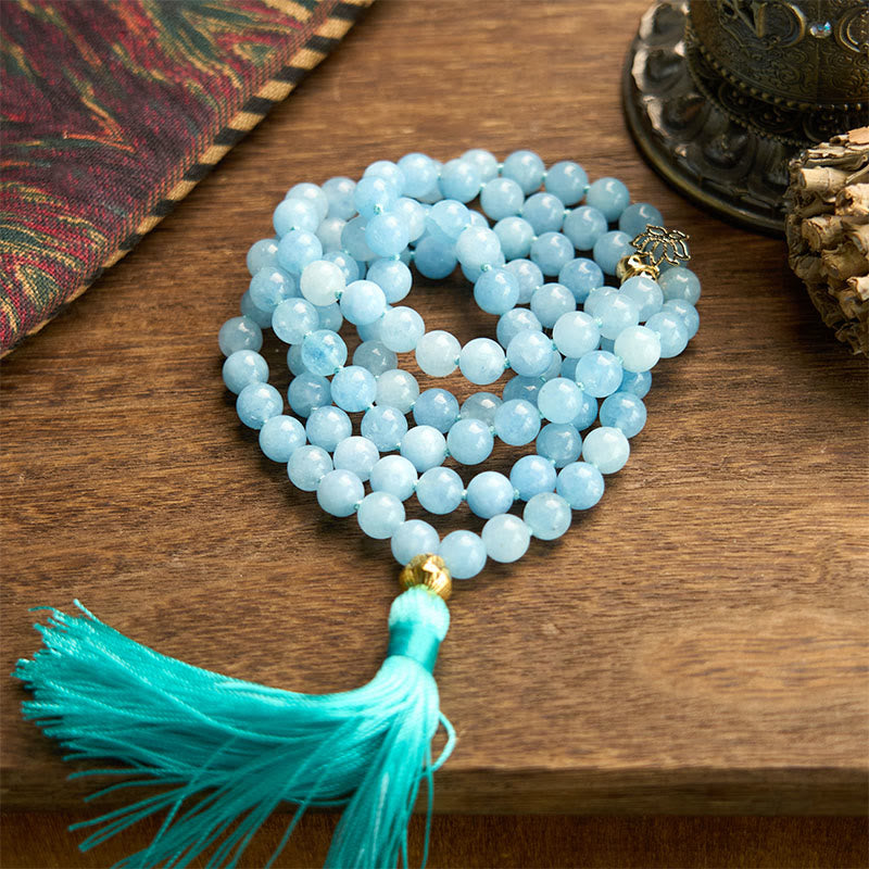 Buddha Stones 108 Mala Beads Natural Stone Aquamarine Tassel Lotus Healing Bracelet - Aquamarine(Wrist Circumference: 14-16cm) - image 0
