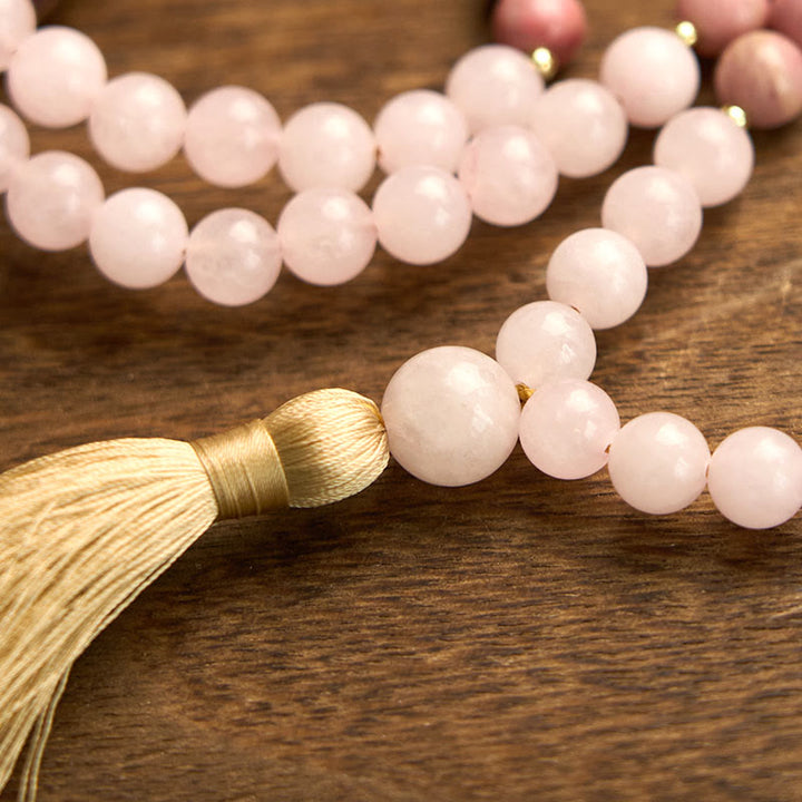 Buddha Stones 108 Mala Beads Rhodonite Rose Quartz Tassel Healing Bracelet - image 9