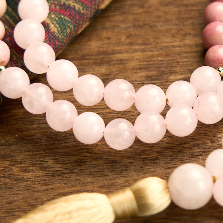 Buddha Stones 108 Mala Beads Rhodonite Rose Quartz Tassel Healing Bracelet - image 10