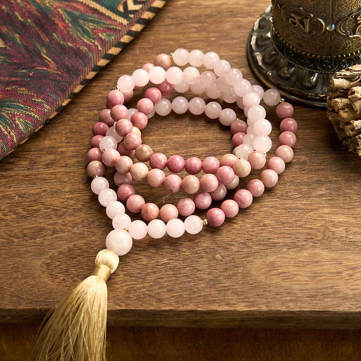 Buddha Stones 108 Mala Beads Rhodonite Rose Quartz Tassel Healing Bracelet - image 5