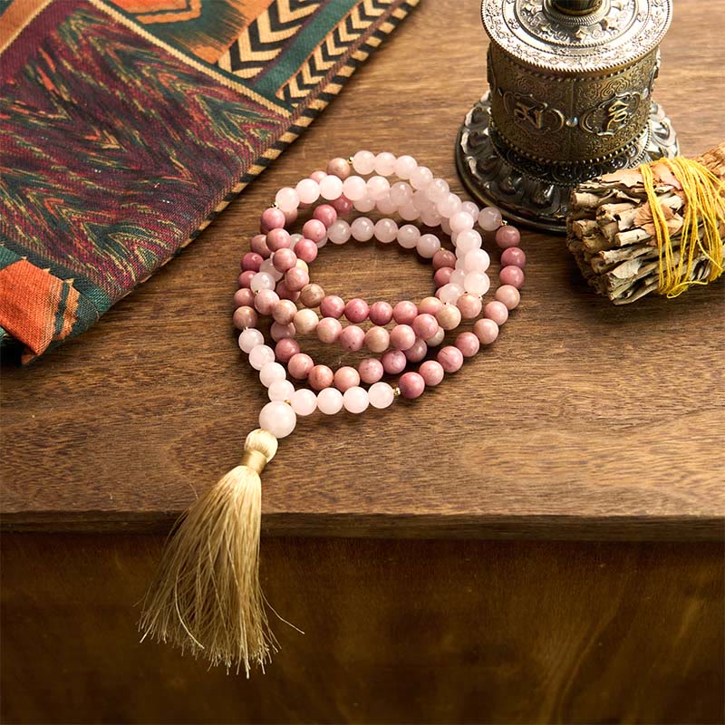 Buddha Stones 108 Mala Beads Rhodonite Rose Quartz Tassel Healing Bracelet - image 7