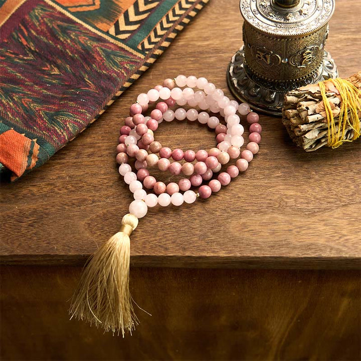 Buddha Stones 108 Mala Beads Rhodonite Rose Quartz Tassel Healing Bracelet - image 7