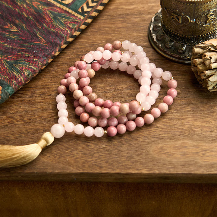 Buddha Stones 108 Mala Beads Rhodonite Rose Quartz Tassel Healing Bracelet - image 6