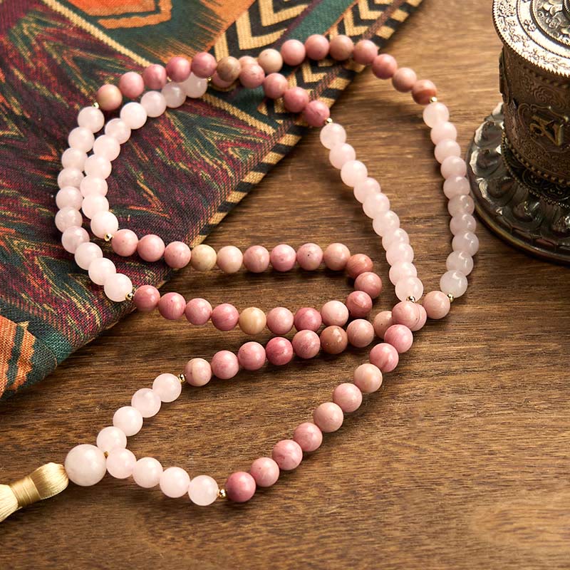 Buddha Stones 108 Mala Beads Rhodonite Rose Quartz Tassel Healing Bracelet - image 4