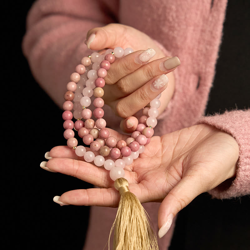 Buddha Stones 108 Mala Beads Rhodonite Rose Quartz Tassel Healing Bracelet - image 3