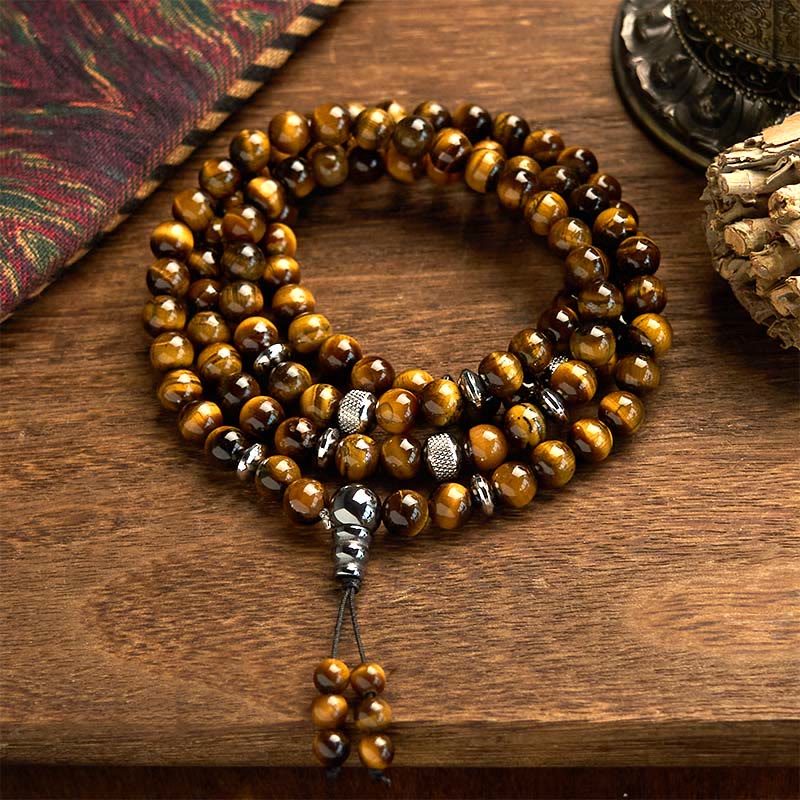 Buddha Stones 108 Mala Beads Natural Stone Tiger Eye Multi-turn Protection Bracelet - Tiger Eye (Wrist Circumference: 14-16cm) - image 0
