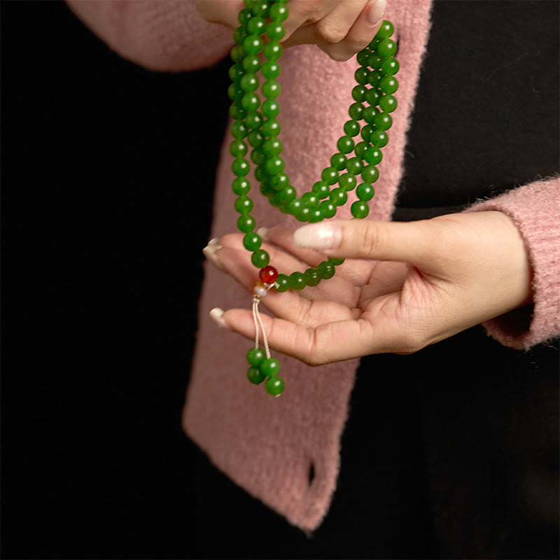 Buddha Stones 108 Mala Beads Natural Cyan Jade Luck Bracelet - image 5