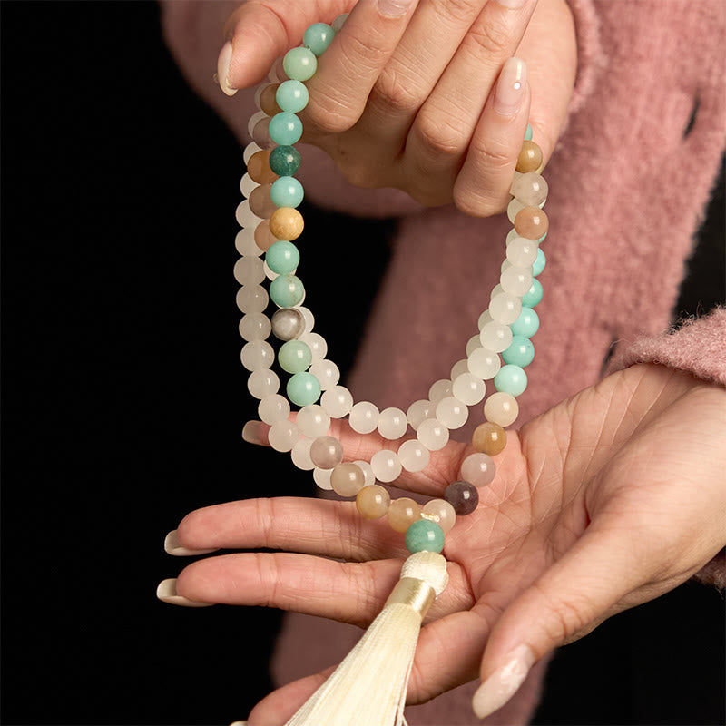 Buddha Stones 108 Mala Beads Natural White Jade Amazonite White Tassel Healing Bracelet - image 3