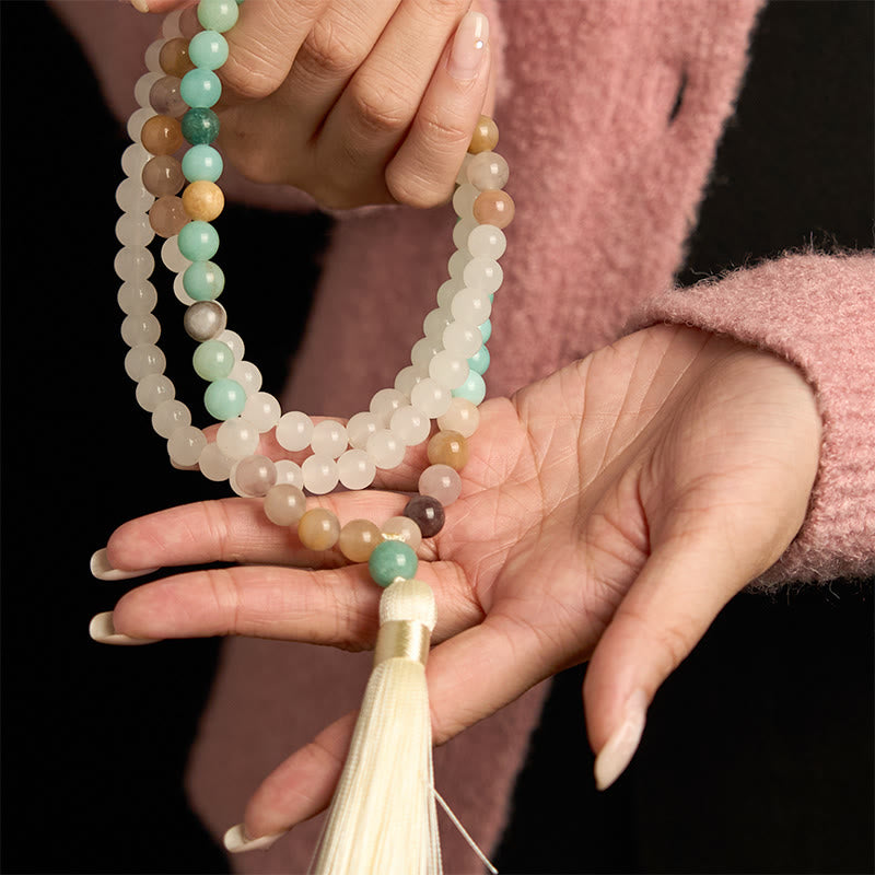 Buddha Stones 108 Mala Beads Natural White Jade Amazonite White Tassel Healing Bracelet - image 7