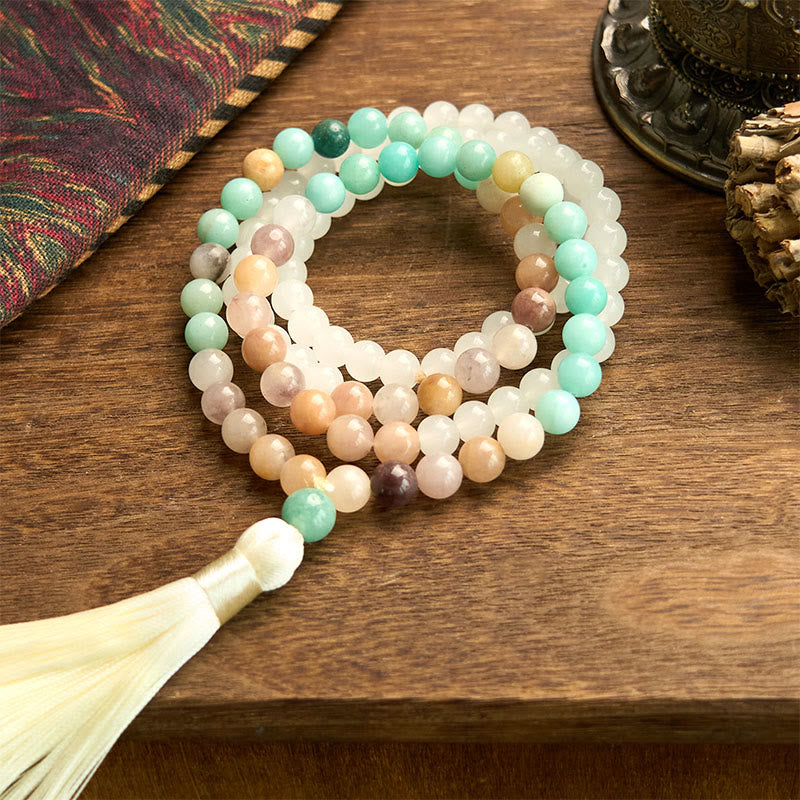 Buddha Stones 108 Mala Beads Natural White Jade Amazonite White Tassel Healing Bracelet - image 6