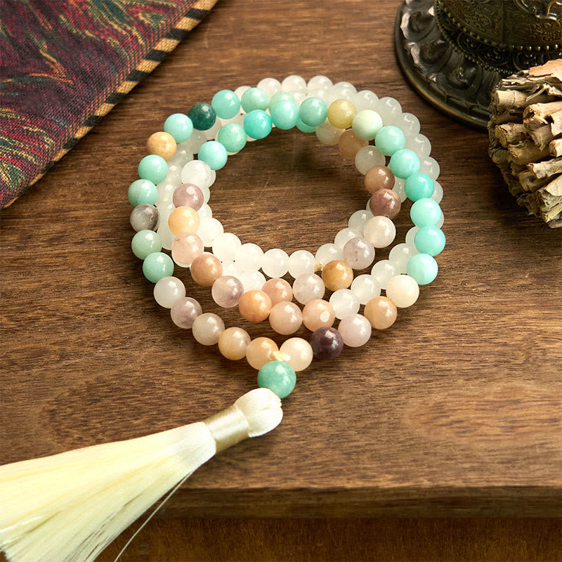 Buddha Stones 108 Mala Beads Natural White Jade Amazonite White Tassel Healing Bracelet - White Jade&Amazonite(Wrist Circumference: 14-16cm) - image 0