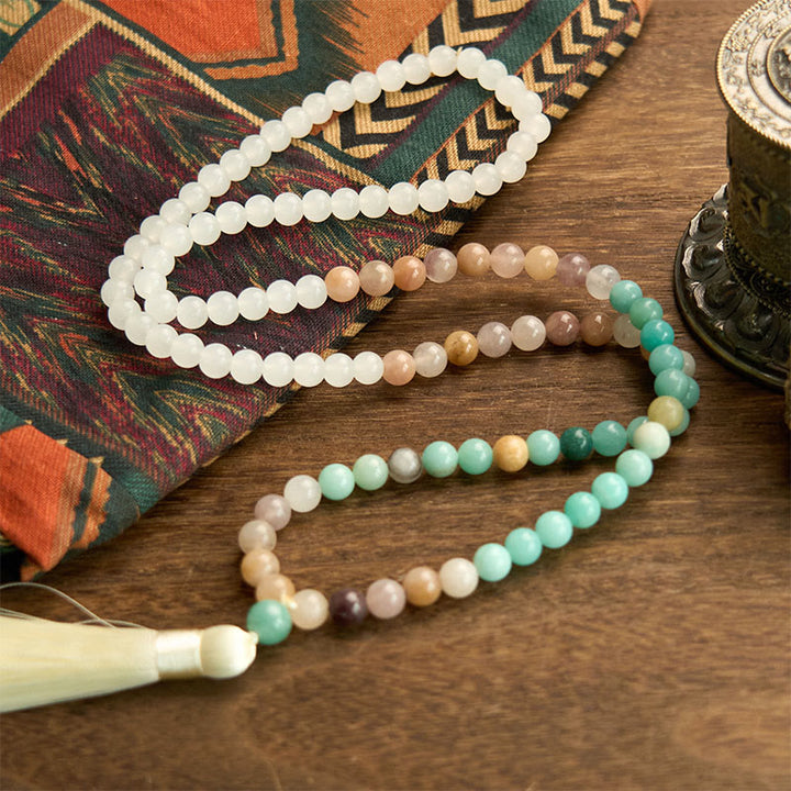 Buddha Stones 108 Mala Beads Natural White Jade Amazonite White Tassel Healing Bracelet - image 4