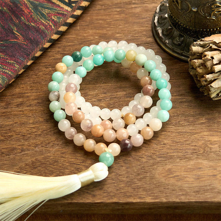 Buddha Stones 108 Mala Beads Natural White Jade Amazonite White Tassel Healing Bracelet - image 5
