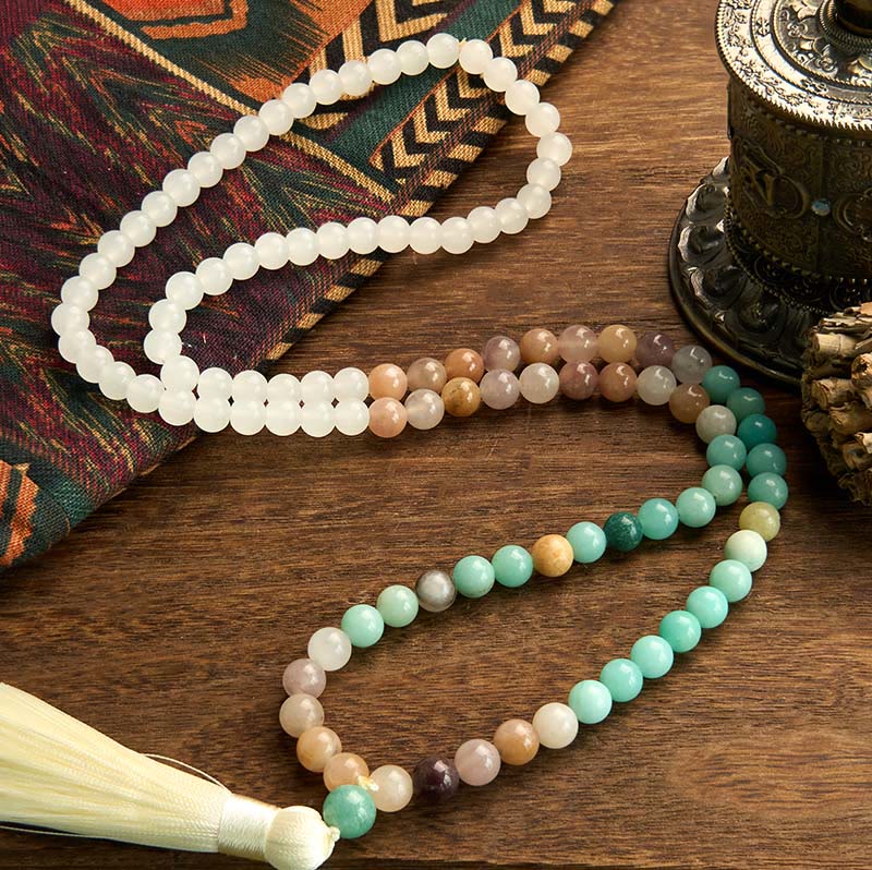 Buddha Stones 108 Mala Beads Natural White Jade Amazonite White Tassel Healing Bracelet - image 1