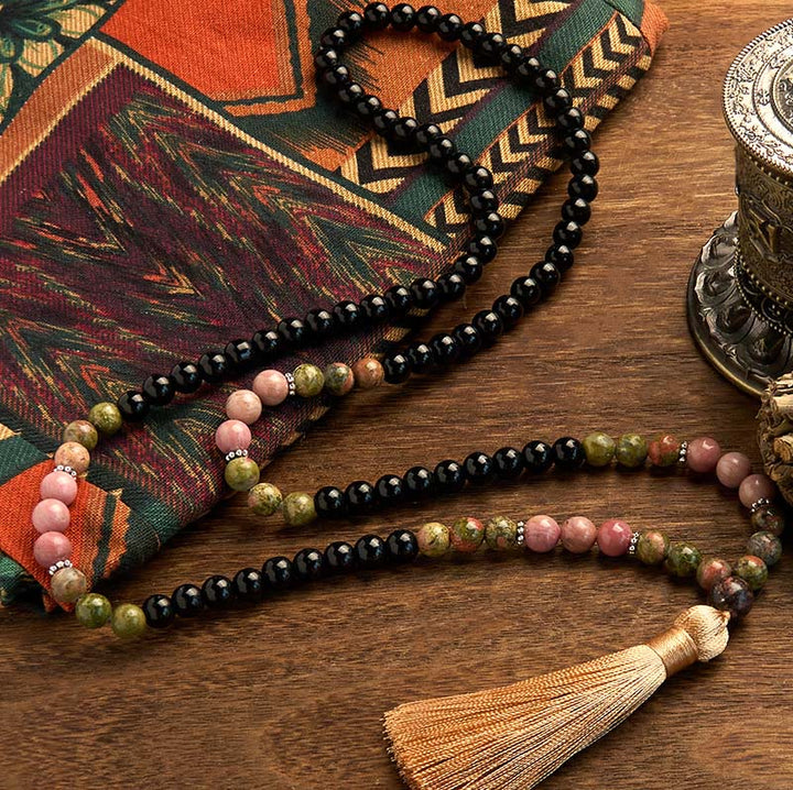 Buddha Stones 108 Mala Beads Black Jasper Rhodonite Khaki Tassel Healing Bracelet - image 1
