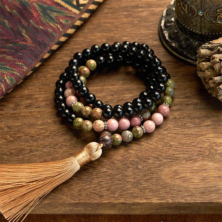 Buddha Stones 108 Mala Beads Black Jasper Rhodonite Khaki Tassel Healing Bracelet - Black Jasper Khaki Tassel(Wrist Circumference: 14-16cm) - image 0