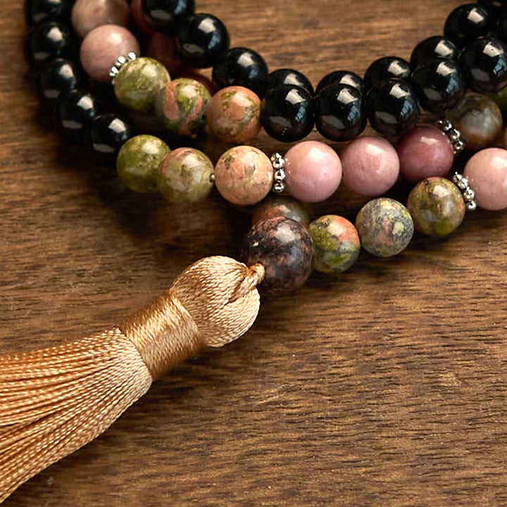 Buddha Stones 108 Mala Beads Black Jasper Rhodonite Khaki Tassel Healing Bracelet - image 7
