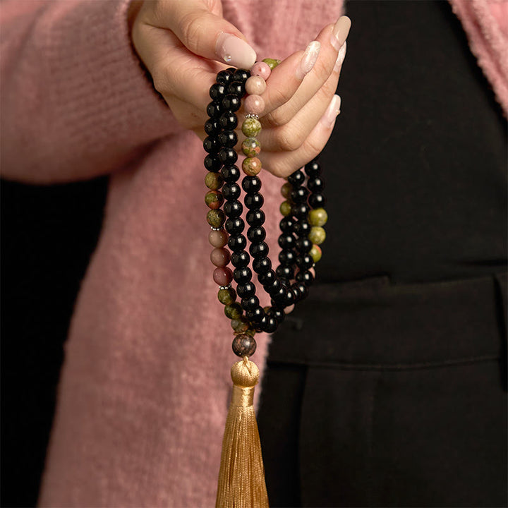 Buddha Stones 108 Mala Beads Black Jasper Rhodonite Khaki Tassel Healing Bracelet - image 2