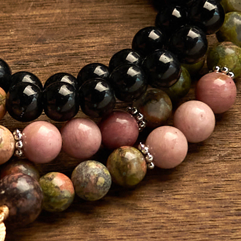 Buddha Stones 108 Mala Beads Black Jasper Rhodonite Khaki Tassel Healing Bracelet - image 6