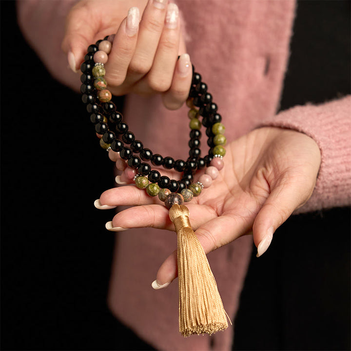 Buddha Stones 108 Mala Beads Black Jasper Rhodonite Khaki Tassel Healing Bracelet - image 3