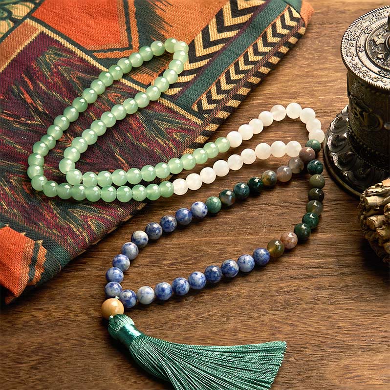 Buddha Stones 108 Mala Beads Natural Green Aventurine Blue Spot Jasper Indian Agate Green Tassel Luck Bracelet - image 1
