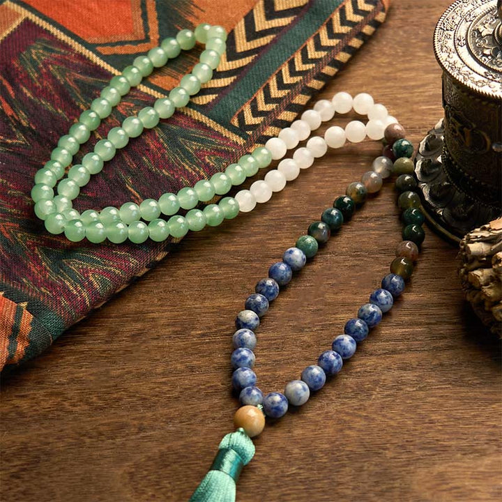 Buddha Stones 108 Mala Beads Natural Green Aventurine Blue Spot Jasper Indian Agate Green Tassel Luck Bracelet - image 4