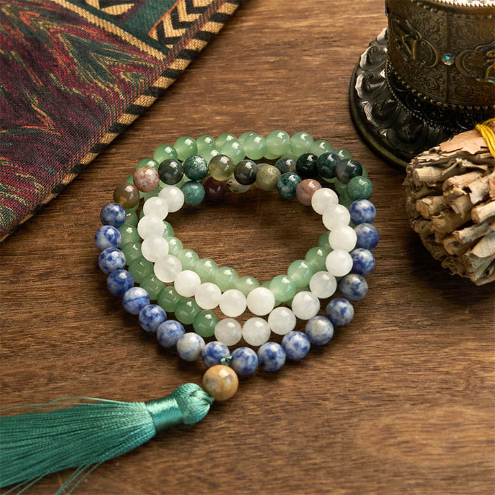 Buddha Stones 108 Mala Beads Natural Green Aventurine Blue Spot Jasper Indian Agate Green Tassel Luck Bracelet - Green Aventurine Green Tassel(Wrist Circumference: 14-16cm) - image 0