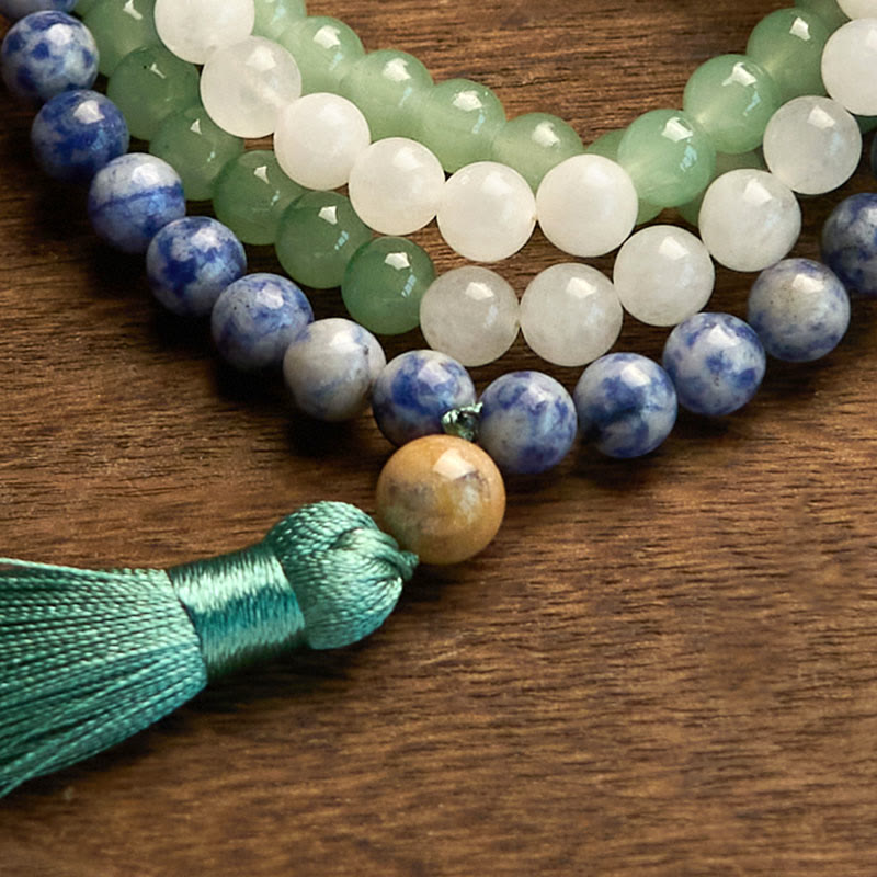 Buddha Stones 108 Mala Beads Natural Green Aventurine Blue Spot Jasper Indian Agate Green Tassel Luck Bracelet - image 8