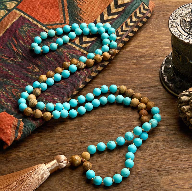 Buddha Stones 108 Mala Beads Turquoise Picture Jasper Bead Tassel Balance Bracelet - image 1