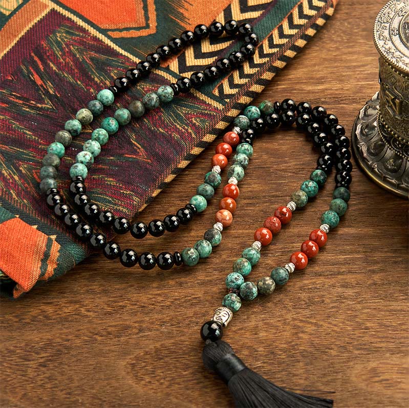 Buddha Stones 108 Mala Natural Black Onyx Red Jasper Turquoise Beads Buddha Head Tassel Protection Bracelet - image 1