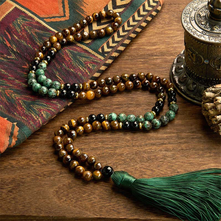 Buddha Stones 108 Mala Natural Stone Tiger Eye Turquoise Beads Tassel Protection Bracelet - image 1