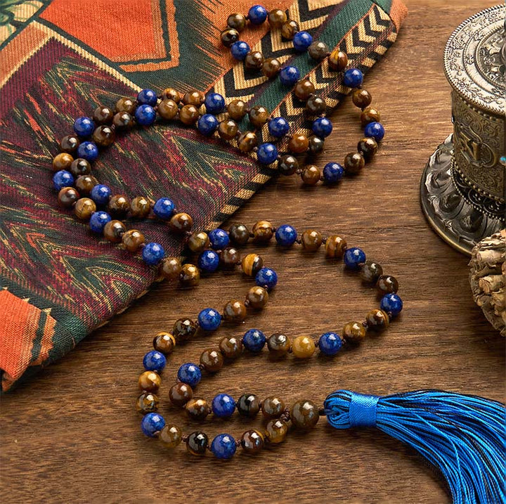 Buddha Stones 108 Beads Natural Stone Tiger Eye Lazurite Lapis Lazuli Mala Tassel Protection Bracelet - image 1