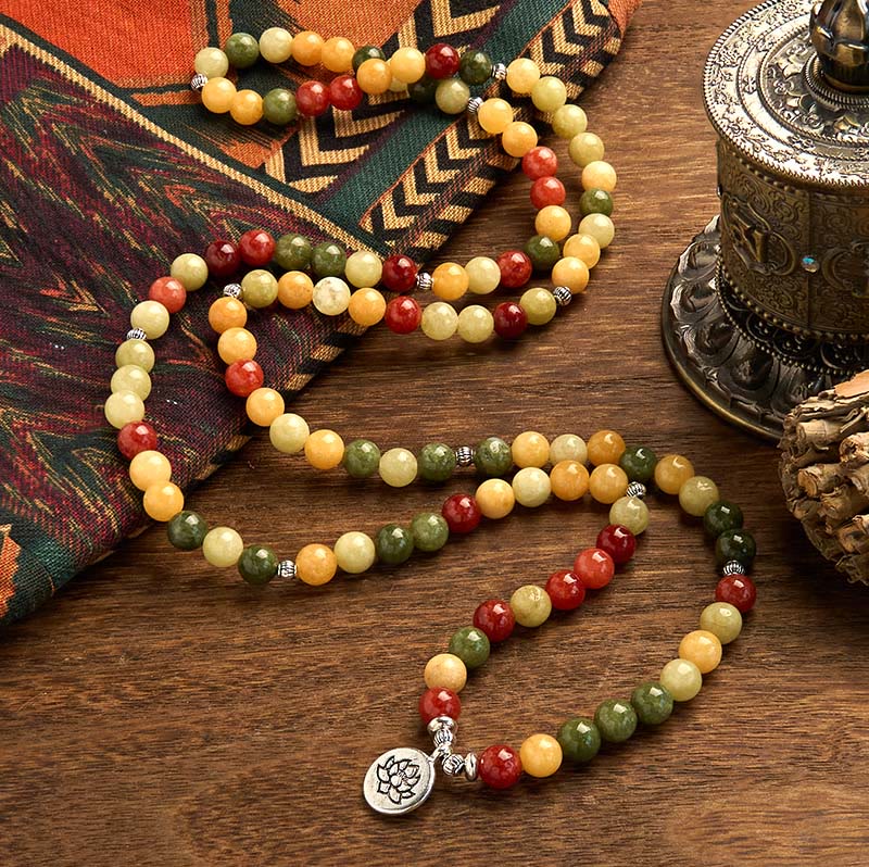 Buddha Stones 108 Mala Beads Natural Colored Stone Topaz Red Jasper Green Jasper Lotus Protection Bracelet - image 1