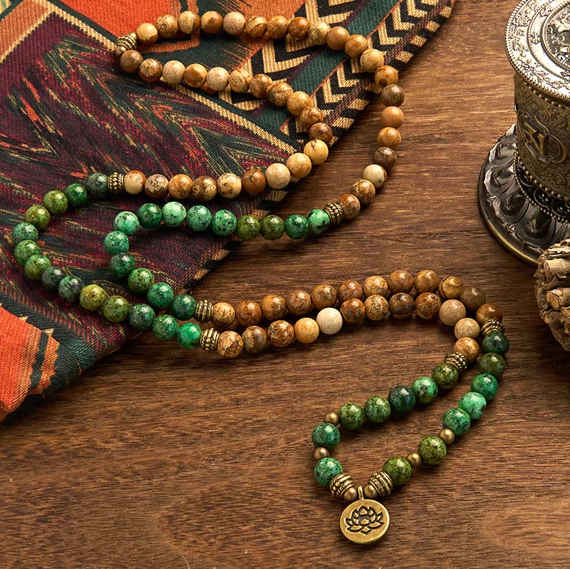 Buddha Stones 108 Mala Beads Natural Stone Picture Jasper Turquoise Lotus Positive Bracelet - image 1
