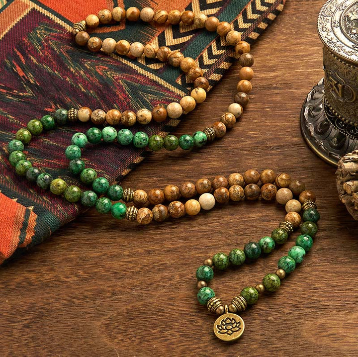 Buddha Stones 108 Mala Beads Natural Stone Picture Jasper Turquoise Lotus Positive Bracelet - image 1
