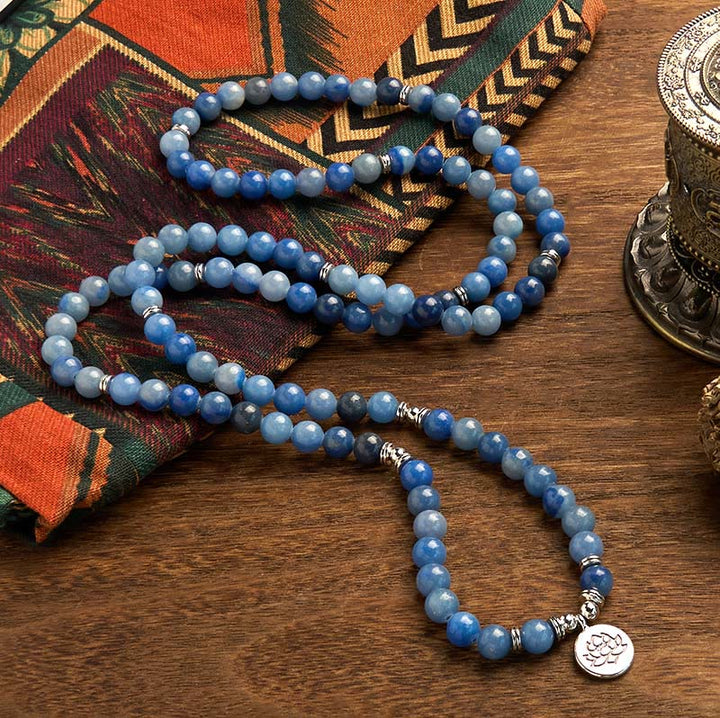 Buddha Stones 108 Mala Beads Multi-layer Natural Blue Aventurine Lotus Calm Bracelet - image 1