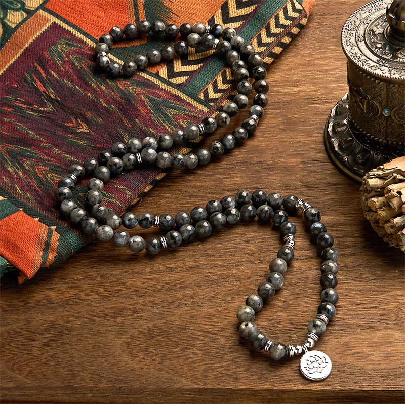 Buddha Stones 108 Mala Beads Multi-layer Natural Black Glitter Stone Lotus Positivity Bracelet - image 1