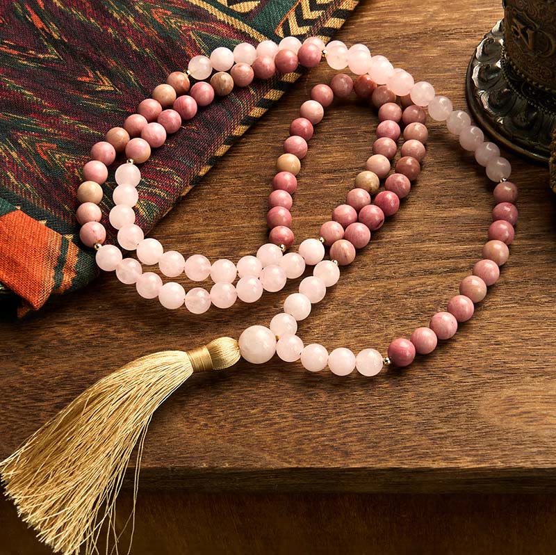 Buddha Stones 108 Mala Beads Rhodonite Rose Quartz Tassel Healing Bracelet - image 1