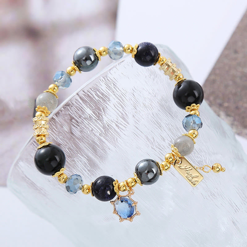 Buddha Stones Natural Black Obsidian Hematite Blue Sandstone Strength Bracelet - image 9